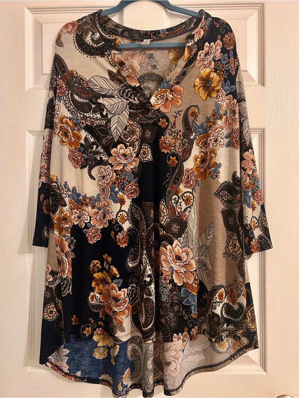 Paisley Grace Floral Paisley V-Neck Tunic Top - Blue, Cream & Mustard